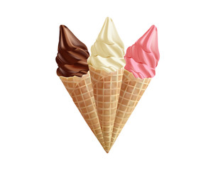 vanilla, fruit and chocolate   ice cream in the cone waffle on white background 