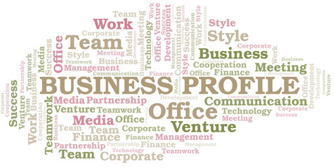 Business Profile word cloud. Collage made with text only.