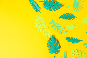 tropical leaves cut from paper on a yellow background.