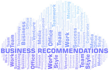 Business Recommendations word cloud. Collage made with text only.