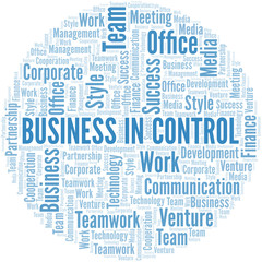 Business In Control word cloud. Collage made with text only.