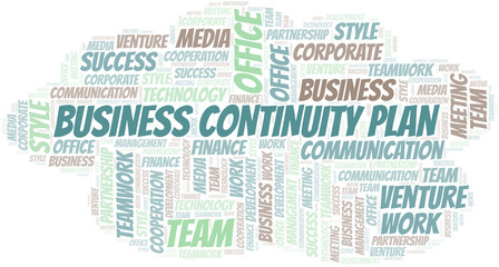 Business Continuity Plan word cloud. Collage made with text only.