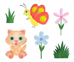  Animals watercolor childish illustration hare frog cat butterfly flowers design children's rooms greeting card invitation cards