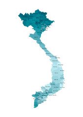Vector isolated illustration of simplified administrative map of Vietnam. Borders and names of the regions. Colorful blue khaki silhouettes