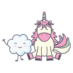 cute adorable unicorn and cloud kawaii fairy characters
