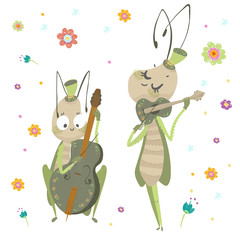 Grasshoppers musicians with violin and violoncello, insects celebrate Birthday, bright children's illustration