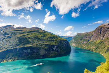 Fjord Geirangerfjord with cruise ship, Norway.