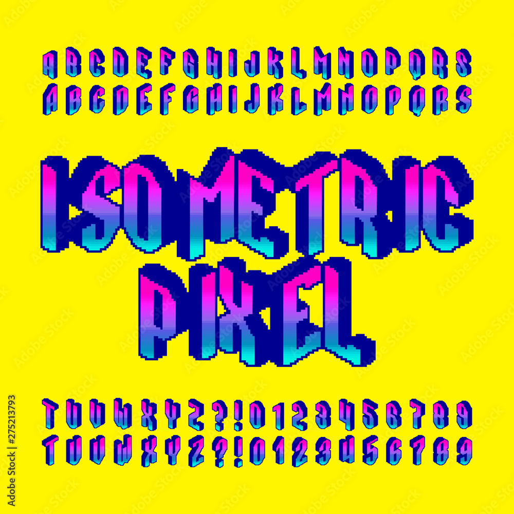 Fototapete 3d isometric pixel alphabet font. digital gradient letters and numbers. 80s arcade video game typesc