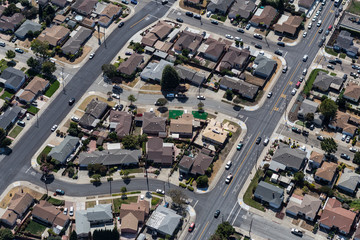 Afternoon aerial view of residential neighborhood near San Leandro and Oakland California.