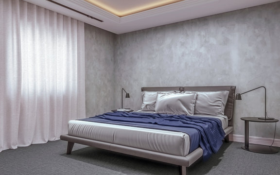 Modern interior design of basement bedroom with small window, king size bed with bed sheets, carpet flooring and concrete style gray walls, 3d rendering