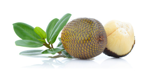 Snake fruit,Salacca,zakacca (Salak Indo) with green leaves isolated on white background