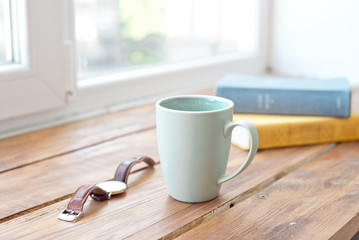 Workspace empty space and coffee mug, pencil, plant, tablet, headphone with office space