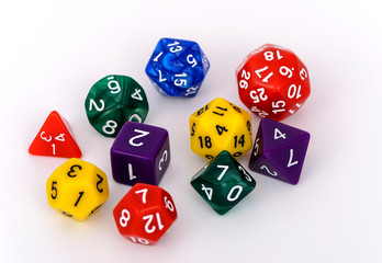 colorful multi sided dice isolated white background