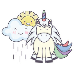 cute adorable unicorn and clouds and sun kawaii characters