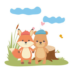 Fox and bear cartoon with hat design