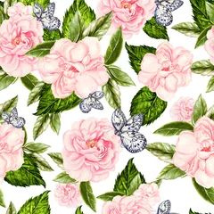 Photo sur Plexiglas Roses Beau modèle sans couture d& 39 aquarelle avec des fleurs de rose et de pivoine, des papillons.