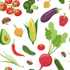 Seamless pattern with different vegetables. Beet, carrot, corn, onion, tomato, avocado, cucumber etc. Texture for textile, wrapping paper, packaging etc. Vector on white background.