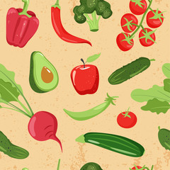 Seamless pattern with different vegetables. Beet, pepper, avocado, tomato, peas, zucchini, cucumber, broccoli and apple. Texture for textile, wrapping paper, packaging etc. Vector illustration.