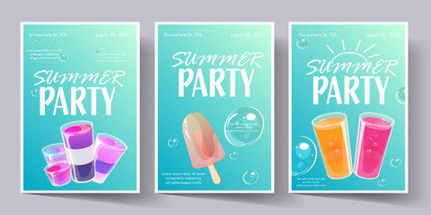 Summer party concept. Template set for invitation flyer, banner or poster. Colorful jelly and cocktail shots and bubbles on bright violet background. Vector illustration.