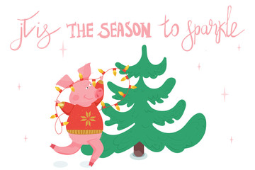 Fototapeta na wymiar New Year greeting card with funny pig. Cute pig with Christmas tree and hand drawn lettering. Symbol of 2019 on the Chinese calendar. Vector illustration.