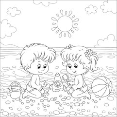 Happy little kids playing and making a fancy sand castle near water on a sea beach on a sunny summer day, black and white vector illustration in a cartoon style for a coloring book