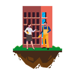 male builder constructor with woman engineer and building