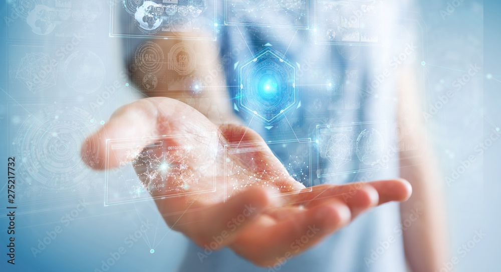 Poster Businessman using digital technological interface with datas 3D rendering