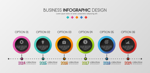 Business timeline infographic with 6 options. Vector