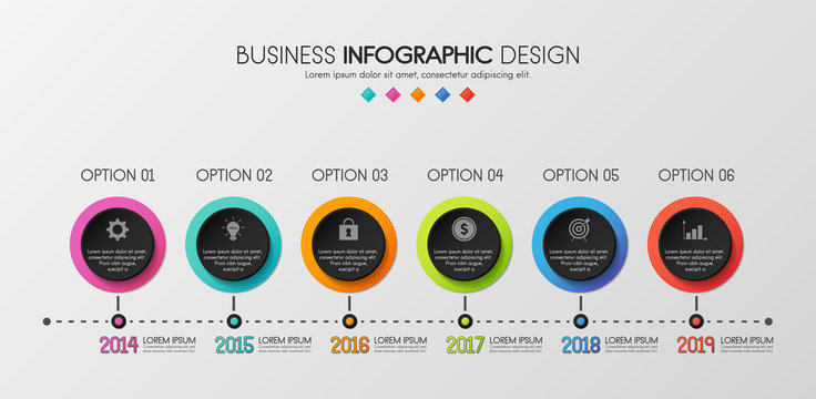 Business timeline infographic with 6 options. Vector