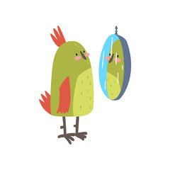 Cute Bird Lookig at Mirror, Funny Birdie Cartoon Character with Bright Green Feathers Vector Illustration