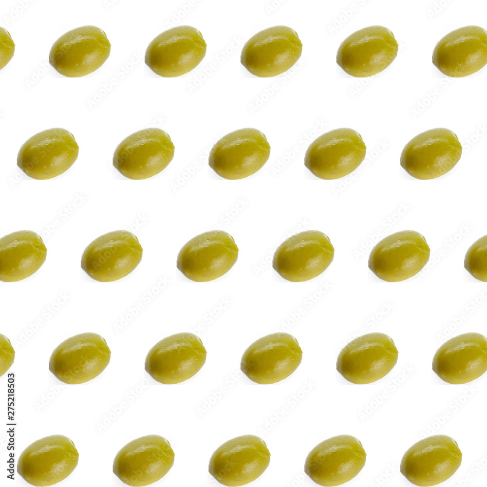 Wall mural Seamless pattern with green olives. Vegetables abstract background. Olive on the white background - Wall murals