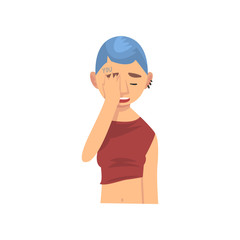 Young Woman with Short Haircut Covering Her Face with Hand, Girl Making Facepalm Gesture, Shame, Headache, Disappointment, Negative Emotion Vector Illustration