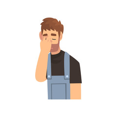 Young Bearded Man in Overalls Covering His Face with Hand, Guy Making Facepalm Gesture, Shame, Headache, Disappointment, Negative Emotion Vector Illustration