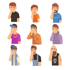 Men Covering Their Face with Hands Set, People Making Facepalm Gestures, Shame, Headache, Disappointment, Negative Emotions Vector Illustration