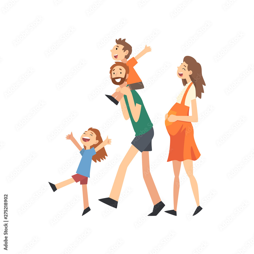 Sticker smiling pregnant mother, father and kids, happy family with children walking cartoon vector illustra