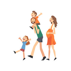 Fototapeta premium Smiling Pregnant Mother, Father and Kids, Happy Family with Children Walking Cartoon Vector Illustration