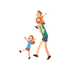 Dad and Son Spending Good Time Together, Dad Carrying Son on His Shoulders, Happy Family Concept Cartoon Vector Illustration