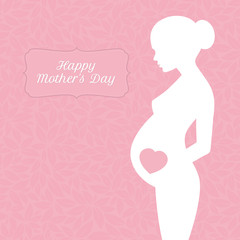 Vector beautiful pregnat woman silhouettes with text Happy Mother's day. Pink background with leaves texture.