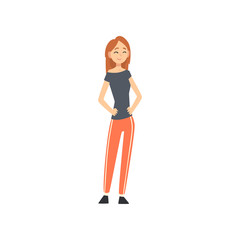 Beautiful Smiling Woman Standing with Hands on Her Waist Cartoon Vector Illustration