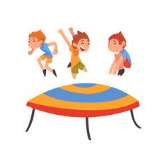 Cute Boys Jumping on Trampoline, Happy Kids Bouncing and Having Fun Cartoon Vector Illustration