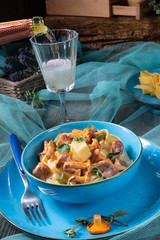pappardelle with cheese sauce and fresh chanterelles