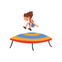 Obraz na płótnie Canvas Cute Happy Girl Jumping on Trampoline, Smiling Little Kid Bouncing and Having Fun Cartoon Vector Illustration