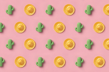 Sombrero and cactus pattern on pink background. Creative mexican