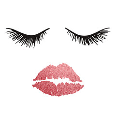 Eyelashes and lips. Beauty woman face with pink shiny lips. Luxury Make up concept. Design for Beauty Logo, icon for salon, poster, pillow, typography. Vector illustration