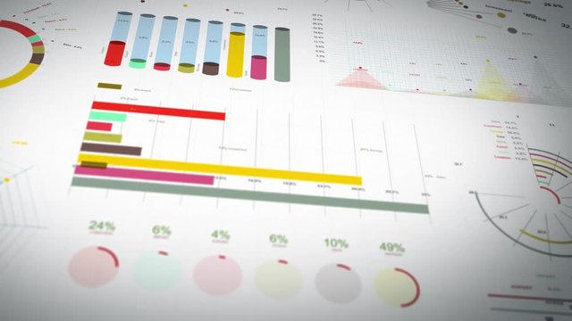 Business Statistics, Market Data And Infographics Layout/ 4k animation of a set of design business and market data analysis and reports, with infographics, bar stats, charts and diagrams
