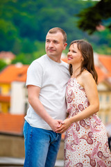Fototapeta premium Young couple walking in old town of Prague