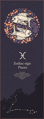 Zodiac sign Pisces. The symbol of the astrological horoscope. Hand-drawn illustration. Vertical banner. Template for postcard, brochure, page, booklet.