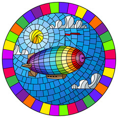 Fototapeta premium Illustration in stained glass style with balloon on sky, sun and clouds background, oval picture in bright frame