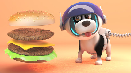 Intrigued space dog watches the formation of alien burger on surface of Mars, 3d illustration