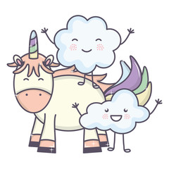 Fototapeta na wymiar cute adorable unicorn and cloud kawaii fairy characters